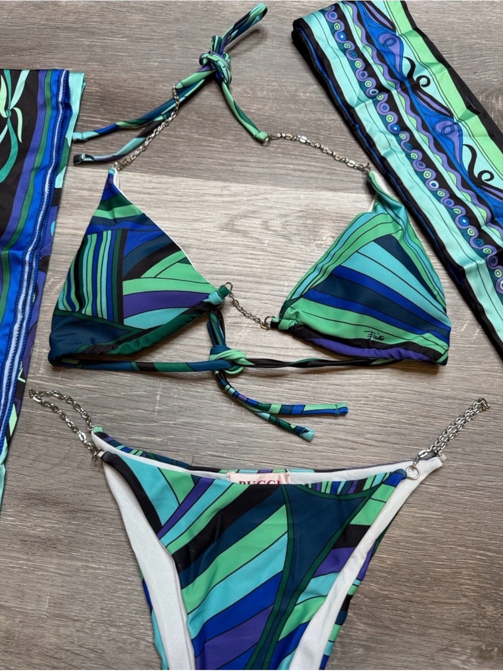 Emilio Pucci Blue & Green Printed Bikini with Matching Scarves - Picture 2 of 3